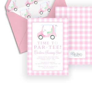 Carlee Golf Cart Pink Birthday Invitation, Golf Invitation, Pink, Hole in One Par-Tee, Golf Theme Party, Any Age, Watercolor, Editable