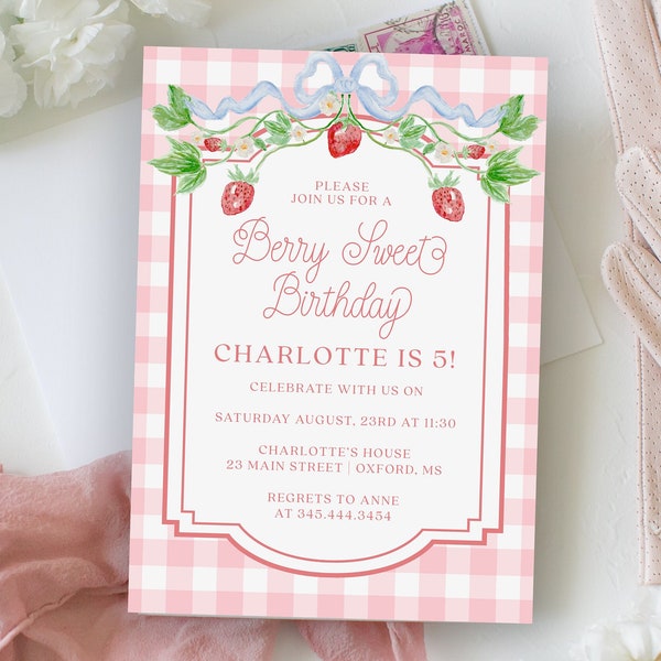 Charlotte Editable Strawberry Invitation, Watercolor Plaid Strawberry Birthday Invitation, Berry Sweet Birthday Party, Digital File, Print