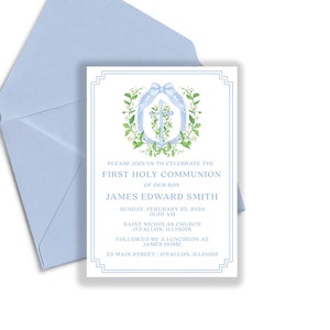 Floral Cross First Communion Invitation, Blue and Green, Editable (Digital or Printed)