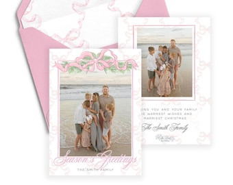 Pink Swag Printable Christmas Card, Xmas Photo Card, Holiday Card, Watercolor Christmas Card, Family Christmas Card, Pink Bow Holly Garland