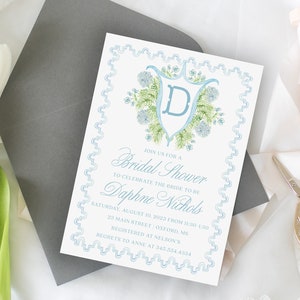 Daphne Nichols Bridal Shower Invitation, Personalized Monogram Crest Hydrangea Greenery Garden Bridal Shower Invite, Instant Modern Preppy