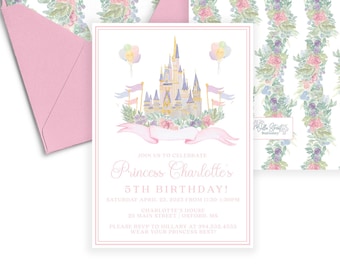 Charlotte Watercolor Pink Baby Birthday Invitation, Princess Castle Invitation, Pink Party, Editable Invitation, Digital Download, Instant