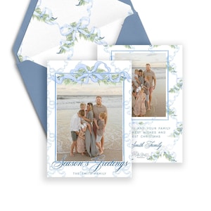 Blue Swag Christmas Photo Card Template, Watercolor Christmas Card, Printable Christmas Card, Digital Xmas Card, Grandmillennial Blue Bow