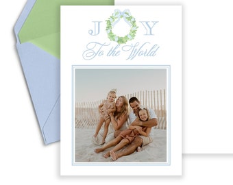Blue Joy To The World, Grandmillenial Watercolor Photo Christmas Card, Wreath, Professionally Printed Card, Holiday Photo Card Printed