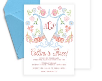 Monogram Crest Birthday Invitation, Floral Garland, Patriotic Preppy (Editable)