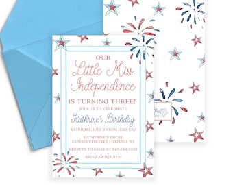 Katherine, Little Miss Independence Fourth of July Birthday Party, Fireworks, Red White and Blue Summer Birthday Party Invitation, Instant