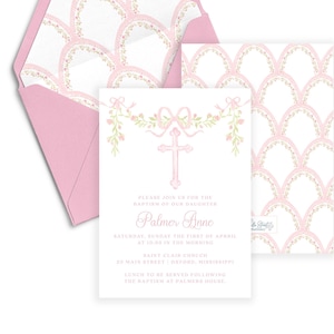 Palmer Watercolor Crest Baptism Invitation, Pink Traditional Baptism Invitation, Baby Dedication for Girl, Baptism with Cross, Instant Down