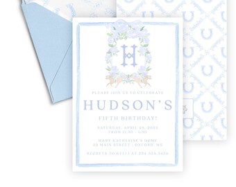 May include: A blue and white invitation with a horseshoe pattern. The invitation is for Hudson's fifth birthday party. The invitation includes the date, time, and location of the party. It also includes the text "Please join us to celebrate Hudson's Fifth Birthday!"