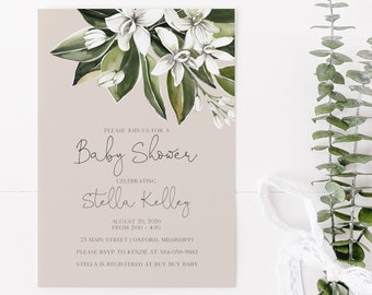 Stella White Floral Baby Shower Invitation, Editable Template, Boho Baby Sprinkle Invite, Greenery Couples Shower Invite, Gender Neutral