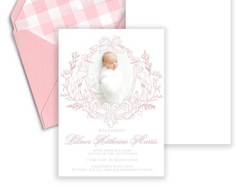May include: Pink and white baby announcement card with a photo of a newborn baby girl in a white swaddle. The card features a pink floral design with a decorative frame and the text "Welcoming Palmer Katherine Harris Born March 8, 2023 at 8:25 in the afternoon 7 lbs 7 oz - 19 inches long Welcomed with love by John, Kyla, and big brother Samuel"