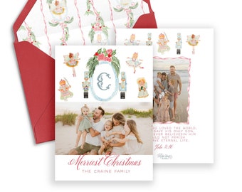 Nutcracker Monogram Christmas Photo Card Template, Watercolor Xmas Card (Digital)