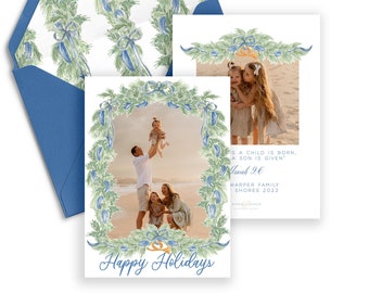 Blue Ribbon Greenery Christmas Card with Photo Template, Editable Merry Christmas Photo Card, Holiday Card Template, Card Download, DIY