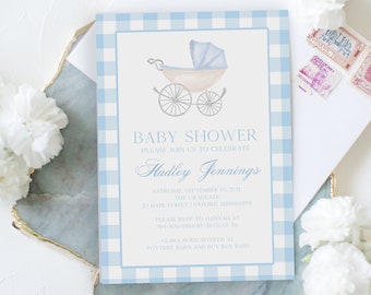 May include: Baby shower invitation with a blue gingham border. The invitation features a watercolor illustration of a baby carriage and the text "Baby Shower". Additional details include the name "Hadley Jennings" and event information.