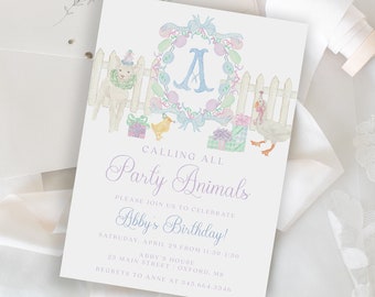 Custom Farm Animal Birthday Invitation, Girl Monogram (Printable)