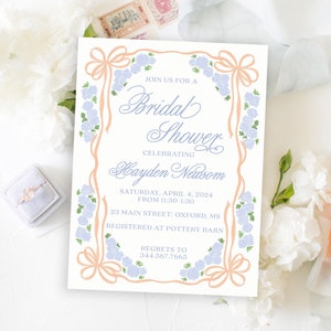 Hayden Newsom Bridal Shower Invitation, Preppy Watercolor Bridal Shower Invitation, Bluebonnet Flowers, Pink Bow, Bridal Shower Invite,Print