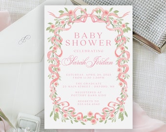 Pink Rose Garland Baby Shower Invitation: Editable Template (Digital or Printed)