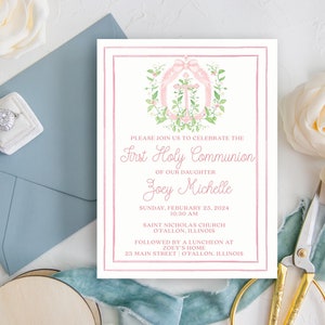 Floral Cross Crest, Zoey Michelle First Holy Communion, Editable Invitation, Communion Invitation, Catholic,Printed, Digital Download,Invite