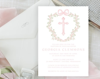 Georgia Watercolor Crest Baptism Invitation, Blue Traditional Baptism Invitation, Baby Dedication for Boy, Baptism with Cross, Instant Down