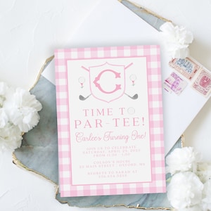 Carlee Crest, Girl Golf Birthday Invitation, Editable ParTee Invitation, Gingham Golf Invitation,Hole-in-One Party, Instant Download, DIY
