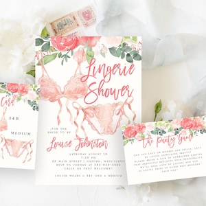 Louise Lingerie Shower Bundle-Einladung mit Größe und Panty Spielkarte, Bachelorette einladen, rosa Höschen einladen, Bachelorette Spiele, rosa Flo