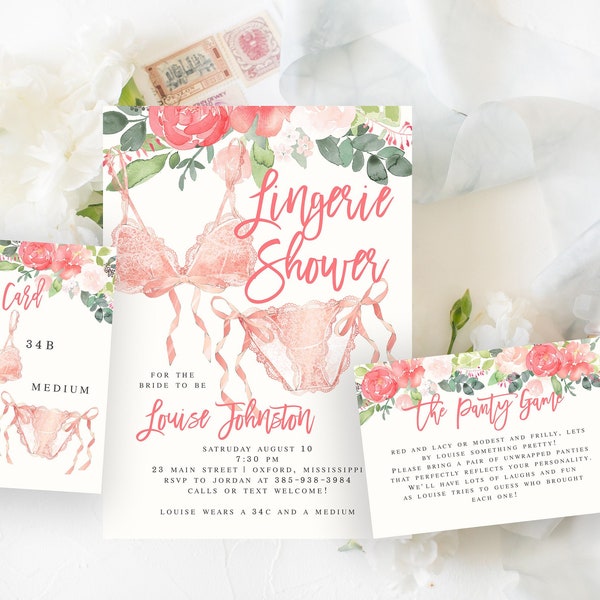 Invito al pacchetto doccia Louise Lingerie con carta da gioco taglia e mutandine, invito addio al nubilato, invito mutandine rosa, giochi di addio al nubilato, Pink Flo