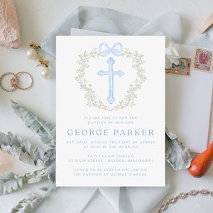 George Watercolor Crest Baptism Invitation, Blue Traditional Baptism Invitation, Baby Dedication for Boy, Baptism with Cross, Instant Down