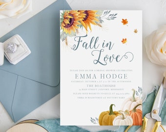 Emma Fall Bridal Shower Invitation, Greenery Bridal Shower Pumpkin Invitation, Fall in Love Invitation, Instant Download, Editable Invite