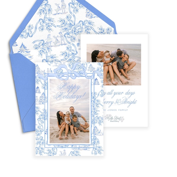 Blue Toile Christmas Photo Card, Printable Christmas Card, Photo Card, Holiday Card, Watercolor Christmas Card, Christmas Card Template