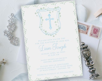 Liam Joseph Watercolor Vine Baptism Invitation,Traditional Baptism Invitation, Baby Christening for Boy, Baptism with Cross,Instant Download