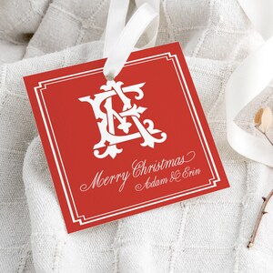Étiquettes personnalisées pour cadeaux de Noël, carte-cadeau monogramme pour les fêtes, étiquette cadeau Noël, étiquettes cadeaux imprimées, lot d'étiquettes cadeaux, blason familial image 1