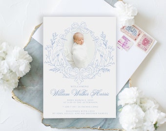 Watercolor Baby Birth Announcement: Classic Crest, Blue (Digital or Printed Option Available)