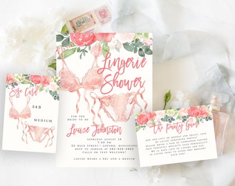 Louise Lingerie Shower Bundle Invitation with Size and Panty Game Card, Bachelorette Invite, Pink Panty Invite, Bachelorette Games, Pink Flo