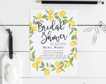 Mira Lemon Bridal Shower Invitation, Printable Bridal Shower Invitation Template, Lemon Wreath Bridal Shower, Editable Invitation, Lemon