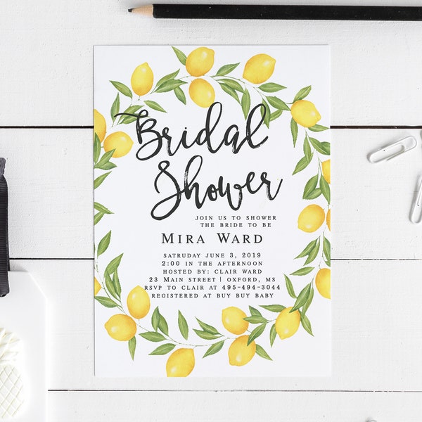 Mira Lemon Bridal Shower Invitation, Printable Bridal Shower Invitation Template, Lemon Wreath Bridal Shower, Editable Invitation, Lemon