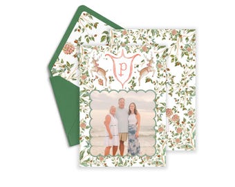 Reindeer Floral, Custom Monogram Watercolor Christmas Photo Card Template, Merry Christmas, Photo Christmas Card, Watercolor Digital Print