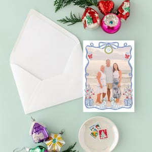 Classy Puppy Dog, Blue Bow ,Grandmillenial Watercolor Photo Christmas Card, Merry Christmas, Professionally Printed Card, Holiday Photo Card