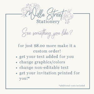 Op de afbeelding: Cr&egrave;mekleurige afbeelding met de tekst "Willa Street Stationery" en bloemmotieven. De tekst "See something you like?" wordt gevolgd door opties voor aangepaste bestellingen, inclusief tekst- en grafische wijzigingen.
