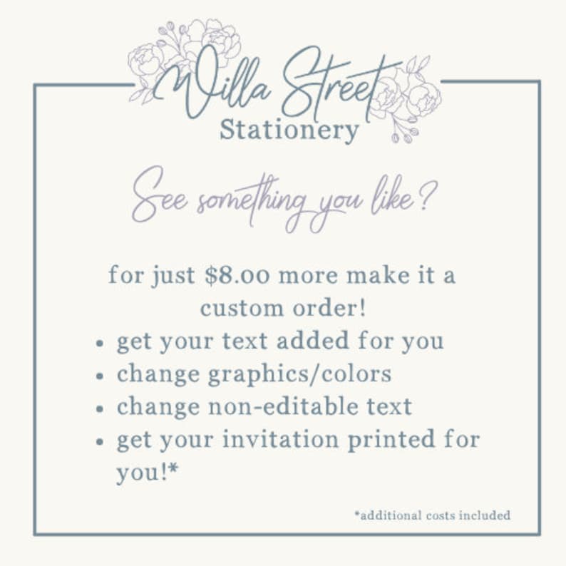 Op de afbeelding: Cr&egrave;mekleurige afbeelding met de tekst "Willa Street Stationery" en bloemmotieven. De tekst "See something you like?" wordt gevolgd door opties voor aangepaste bestellingen, inclusief tekst- en grafische wijzigingen.