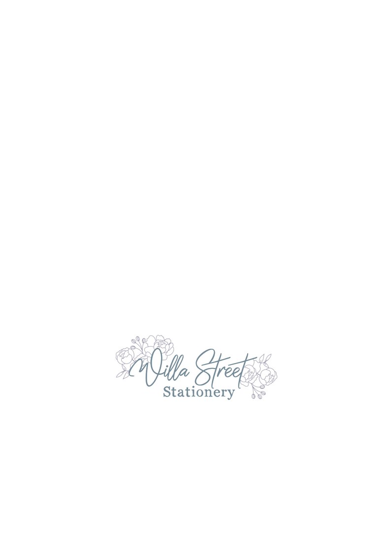 Pu&ograve; includere: Sfondo bianco con il logo Villa Street Stationery. Il logo &egrave; in verde acqua, con testo in corsivo "Villa Street" sopra "Stationery". Illustrazioni floreali in verde acqua circondano il testo.