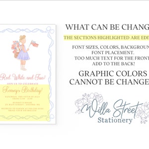 Op de afbeelding: Een aquarel uitnodiging met de tekst "Red, White and Two!" en "Kensey's Birthday!" toont een jong meisje met vlaggen. Het ontwerp bevat een lichtblauwe en gele rand, met de woorden "Willa Street Stationery" onderaan.