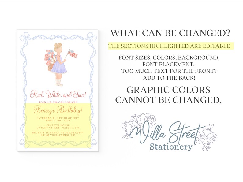 Op de afbeelding: Een aquarel uitnodiging met de tekst "Red, White and Two!" en "Kensey's Birthday!" toont een jong meisje met vlaggen. Het ontwerp bevat een lichtblauwe en gele rand, met de woorden "Willa Street Stationery" onderaan.