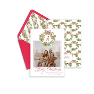 Magnolia Greenery  Wreath, Christmas Photo Card, Watercolor, Monogram Crest, Southern Christmas Card, Christmas Plaid, Digital Download,