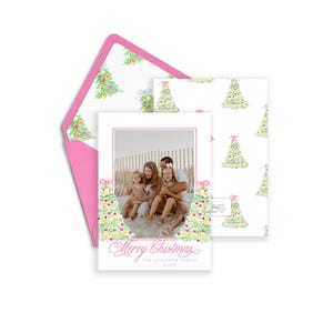 Cute Pink Watercolor Christmas Tree, Grandmillennial Christmas Cards, Editable, Digital Download, Watercolor, Traditional Photo Christmas Ca