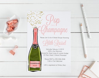 Lilith 3 Pop The Bubbly Bridal Shower Invitation, Bridal Shower, Wedding Shower, Champagne, Editable Invite, She's Changing Her Last Name