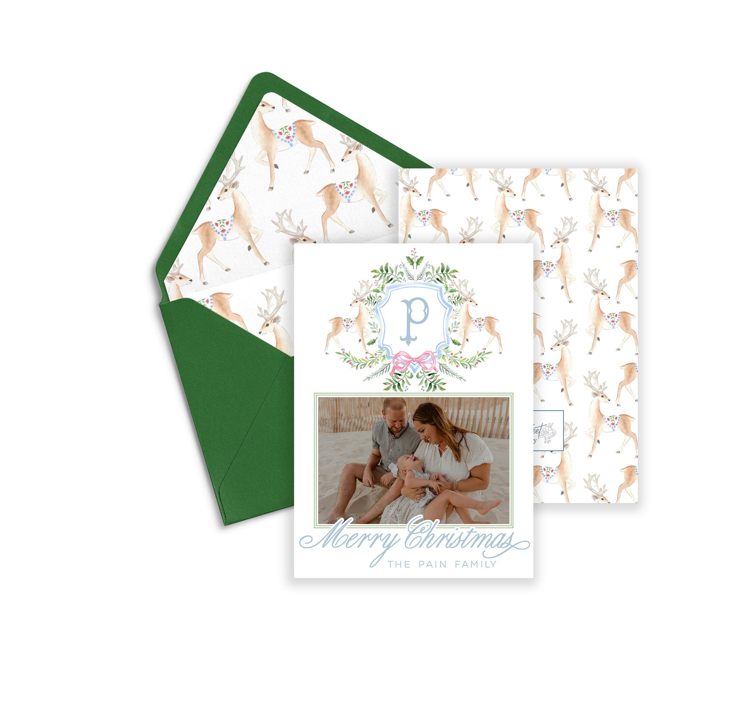 Reindeer Personalized Monogram Crest, Grand-Millennial Christmas Watercolor,Holiday Greeting, Photo Card Template,Photo Christmas Watercolor