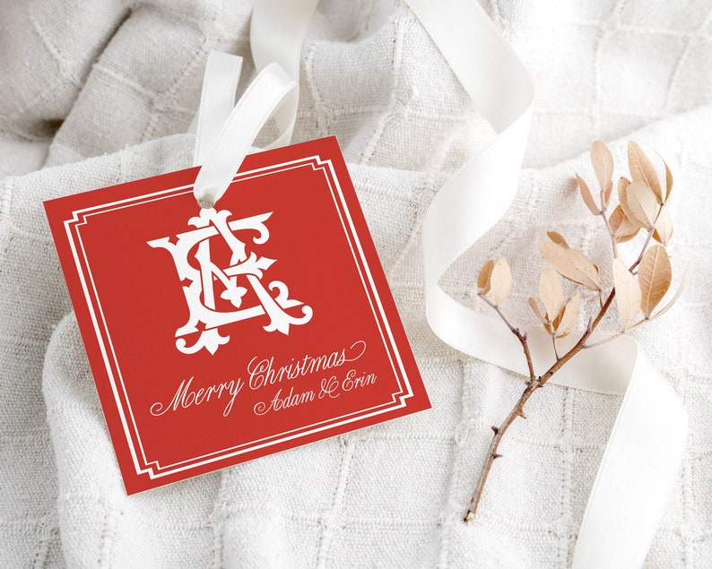 Étiquettes personnalisées pour cadeaux de Noël, carte-cadeau monogramme pour les fêtes, étiquette cadeau Noël, étiquettes cadeaux imprimées, lot d'étiquettes cadeaux, blason familial image 2