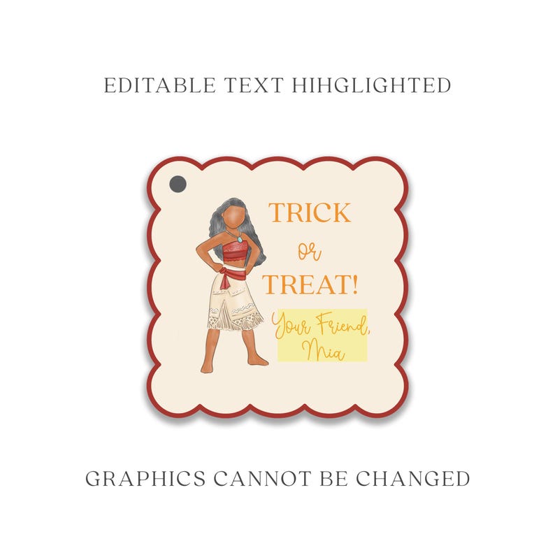 Puede incluir: Una etiqueta de regalo con tem&aacute;tica de Halloween con un borde festoneado y un peque&ntilde;o agujero en la parte superior. La etiqueta presenta una ilustraci&oacute;n de dibujos animados de un personaje con un atuendo rojo y blanco, con las palabras "TRICK OR TREAT!" y "Your Friend, Mia".