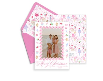 Sugarplum Candy Photo Christmas Card, Editable, Pink Christmas Card, Grandmillennial, Sugarplum Fairies, Watercolor, Santa Clause, Photo