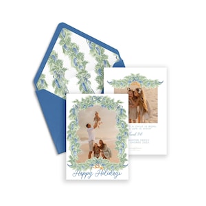 Blue Ribbon Greenery Christmas Card with Photo Template, Editable Merry Christmas Photo Card, Holiday Card Template, Card Download, DIY