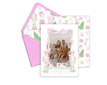 Watercolor Pink Nutcracker Christmas Photo Card Template (Digital Print)